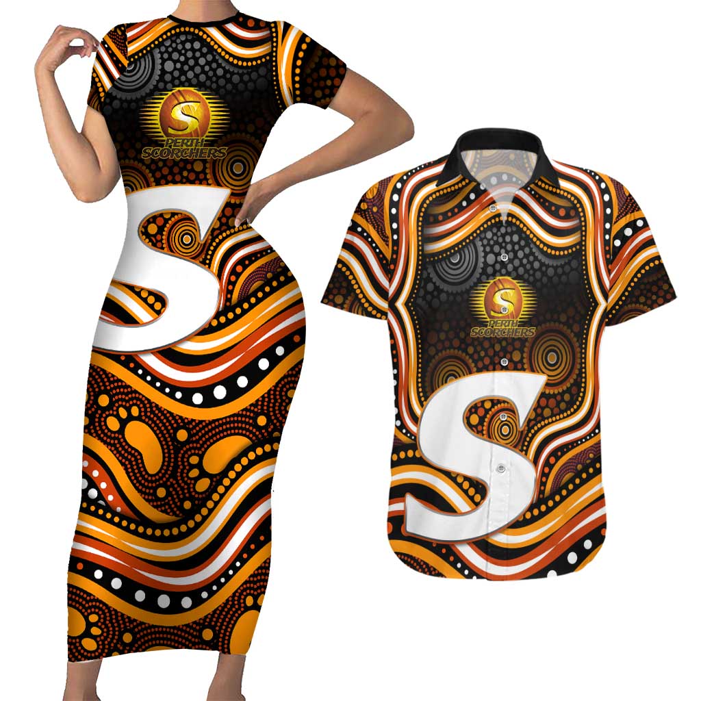 Perth Scorchers Cricket Couples Matching Short Sleeve Bodycon Dress and Hawaiian Shirt Australian Cricket Mascot - Modern Indigenous Style