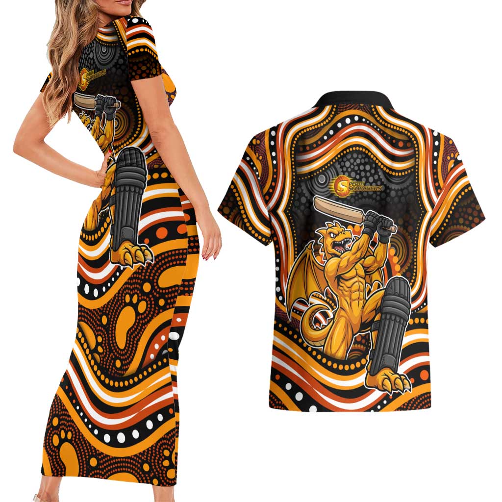Perth Scorchers Cricket Couples Matching Short Sleeve Bodycon Dress and Hawaiian Shirt Australian Cricket Mascot - Modern Indigenous Style