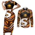 Perth Scorchers Cricket Couples Matching Short Sleeve Bodycon Dress and Long Sleeve Button Shirt Australian Cricket Mascot - Modern Indigenous Style