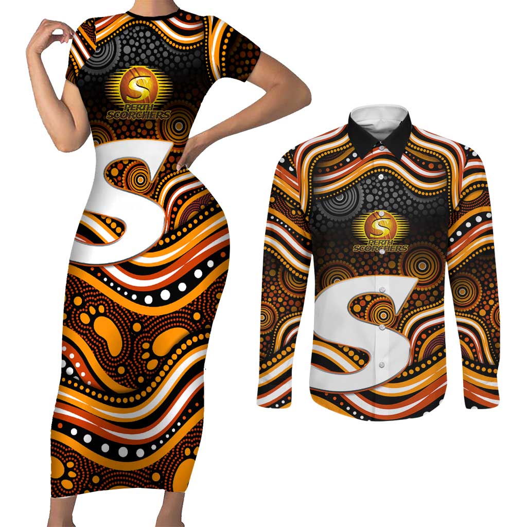 Perth Scorchers Cricket Couples Matching Short Sleeve Bodycon Dress and Long Sleeve Button Shirt Australian Cricket Mascot - Modern Indigenous Style