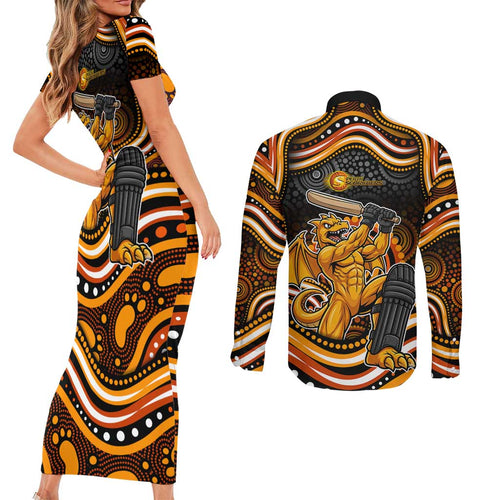 Perth Scorchers Cricket Couples Matching Short Sleeve Bodycon Dress and Long Sleeve Button Shirt Australian Cricket Mascot - Modern Indigenous Style