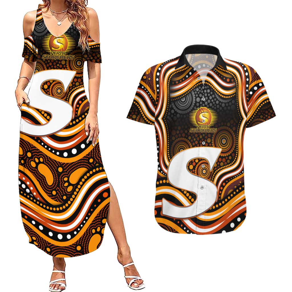 Perth Scorchers Cricket Couples Matching Summer Maxi Dress and Hawaiian Shirt Australian Cricket Mascot - Modern Indigenous Style