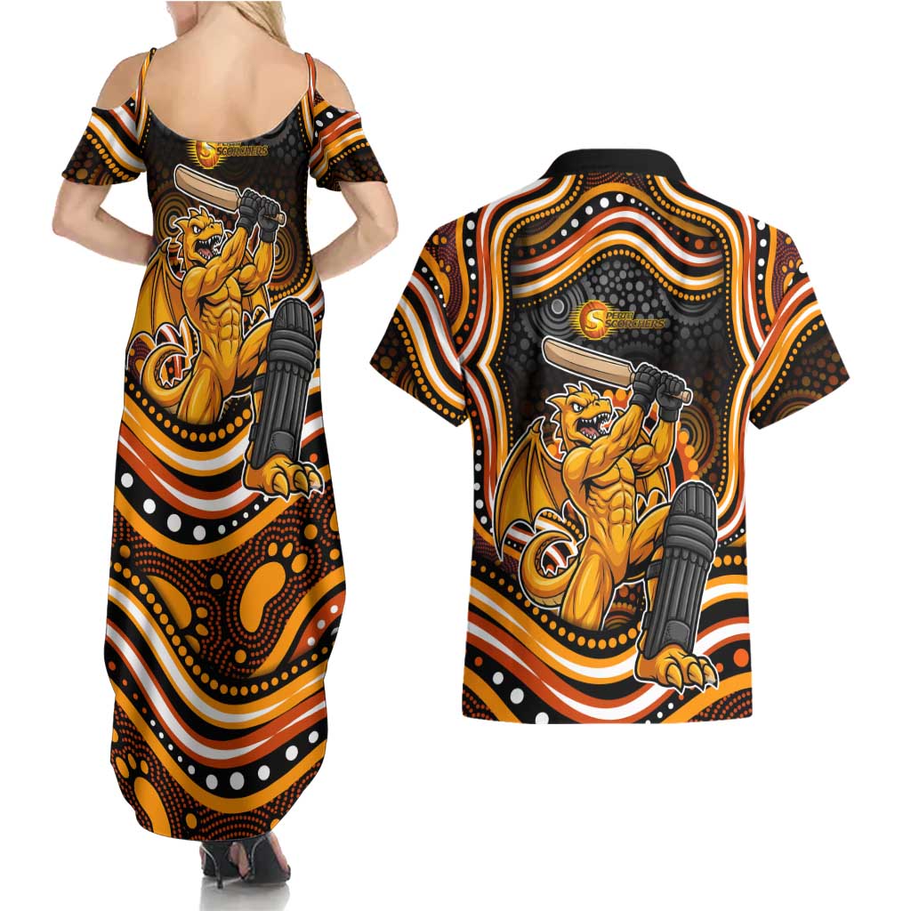 Perth Scorchers Cricket Couples Matching Summer Maxi Dress and Hawaiian Shirt Australian Cricket Mascot - Modern Indigenous Style