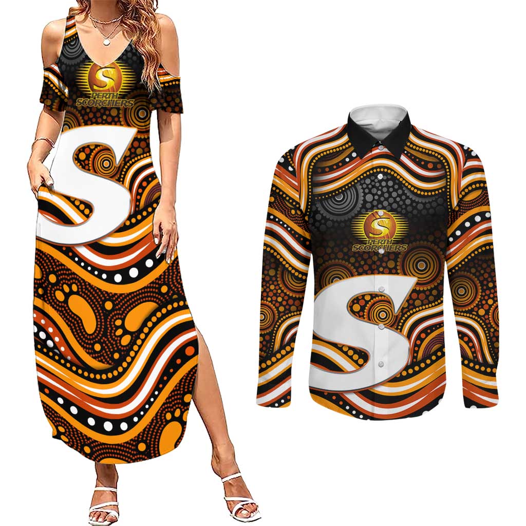 Perth Scorchers Cricket Couples Matching Summer Maxi Dress and Long Sleeve Button Shirt Australian Cricket Mascot - Modern Indigenous Style