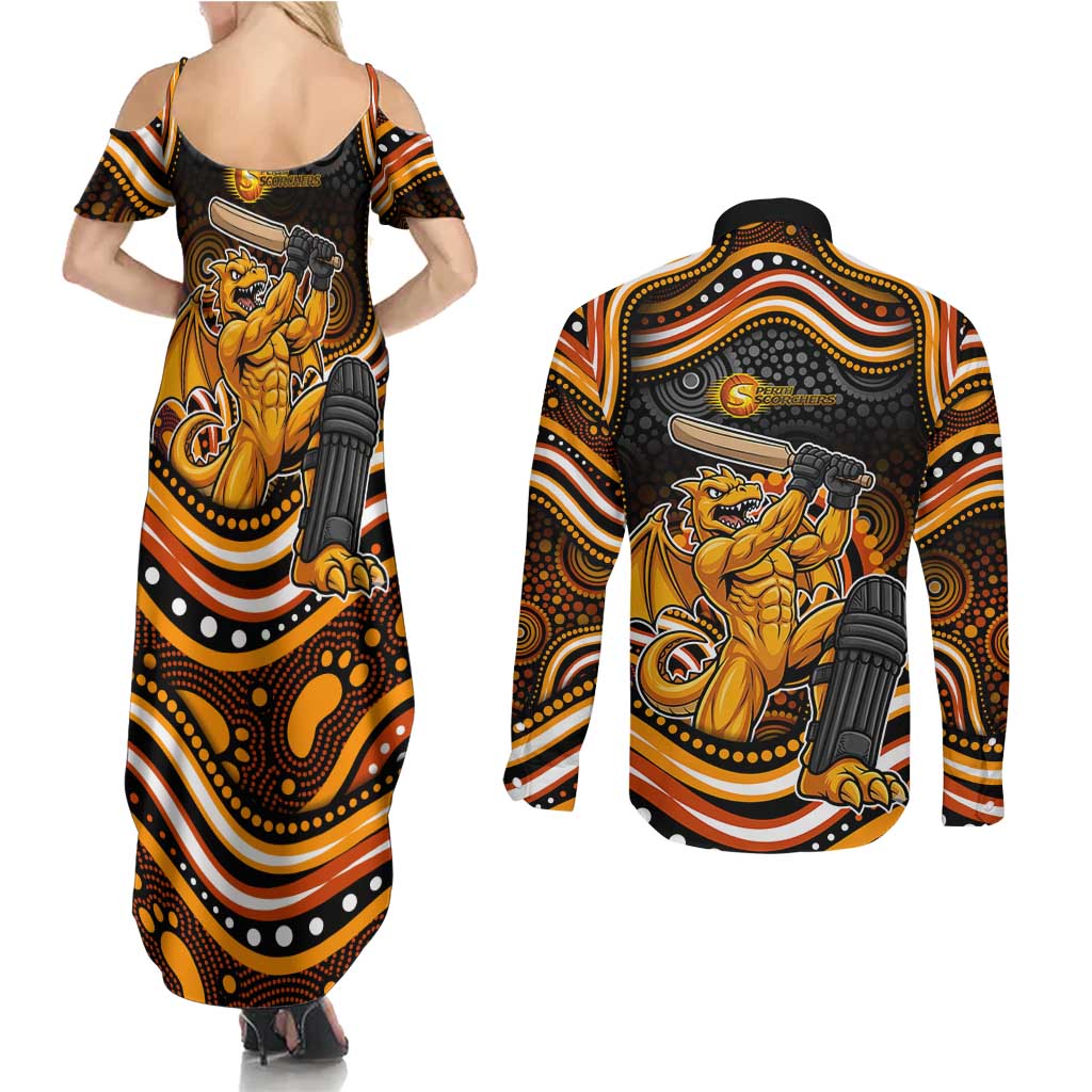 Perth Scorchers Cricket Couples Matching Summer Maxi Dress and Long Sleeve Button Shirt Australian Cricket Mascot - Modern Indigenous Style