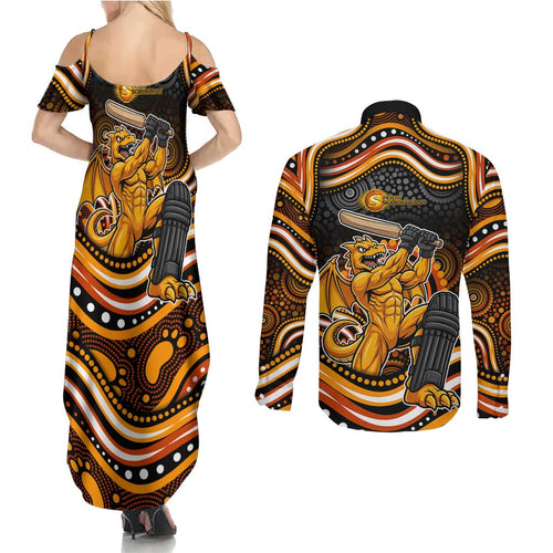 Perth Scorchers Cricket Couples Matching Summer Maxi Dress and Long Sleeve Button Shirt Australian Cricket Mascot - Modern Indigenous Style