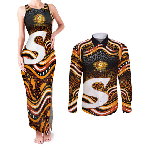 Perth Scorchers Cricket Couples Matching Tank Maxi Dress and Long Sleeve Button Shirt Australian Cricket Mascot - Modern Indigenous Style