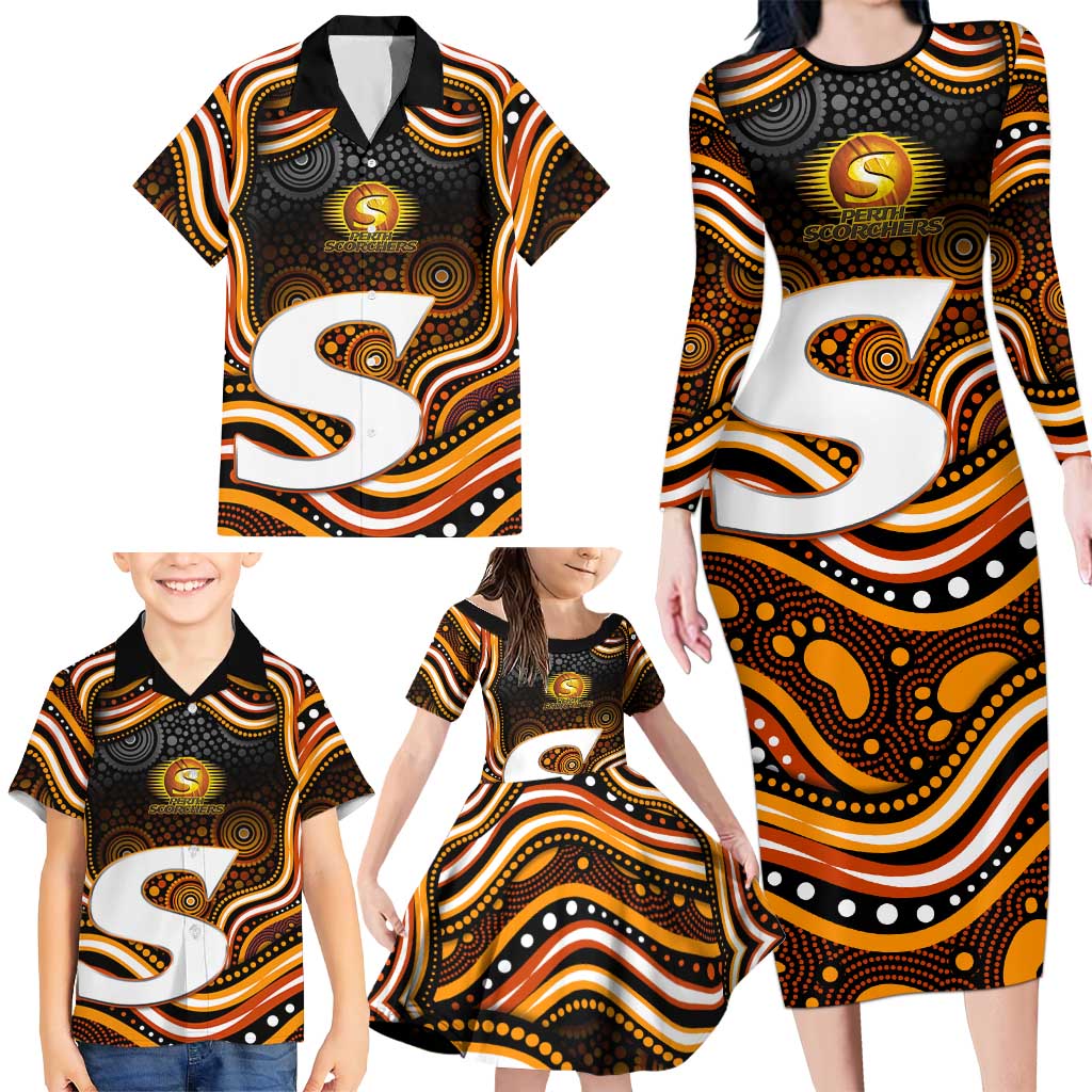 Perth Scorchers Cricket Family Matching Long Sleeve Bodycon Dress and Hawaiian Shirt Australian Cricket Mascot - Modern Indigenous Style