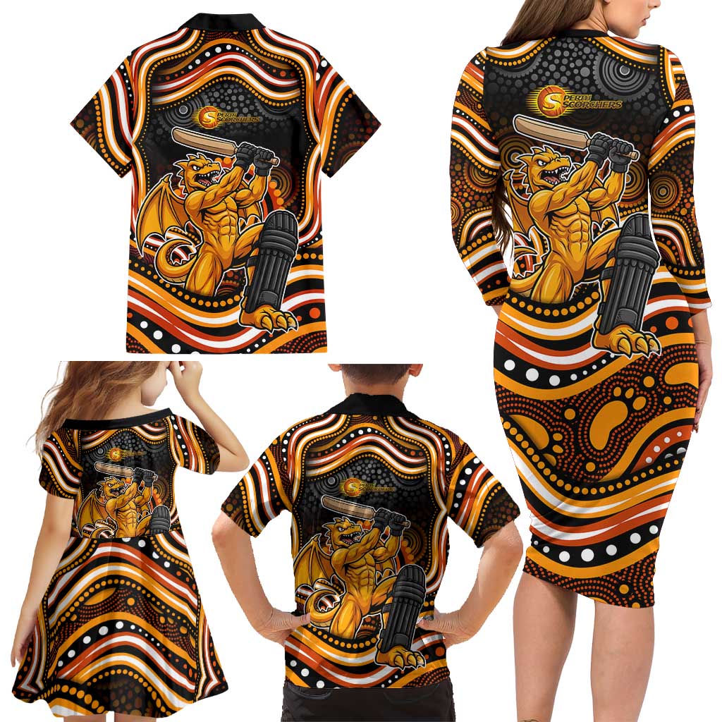 Perth Scorchers Cricket Family Matching Long Sleeve Bodycon Dress and Hawaiian Shirt Australian Cricket Mascot - Modern Indigenous Style