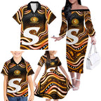 Perth Scorchers Cricket Family Matching Off The Shoulder Long Sleeve Dress and Hawaiian Shirt Australian Cricket Mascot - Modern Indigenous Style
