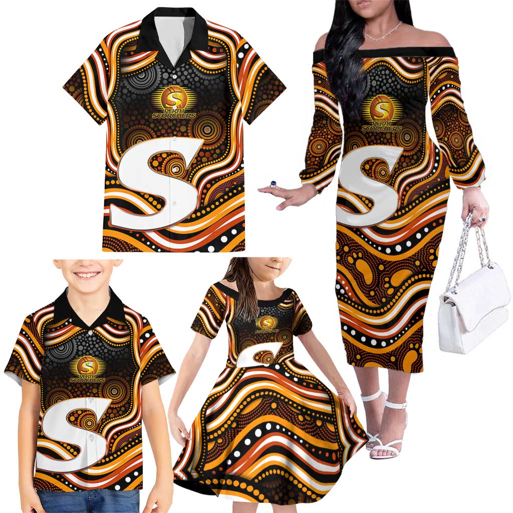 Perth Scorchers Cricket Family Matching Off The Shoulder Long Sleeve Dress and Hawaiian Shirt Australian Cricket Mascot - Modern Indigenous Style