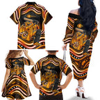Perth Scorchers Cricket Family Matching Off The Shoulder Long Sleeve Dress and Hawaiian Shirt Australian Cricket Mascot - Modern Indigenous Style