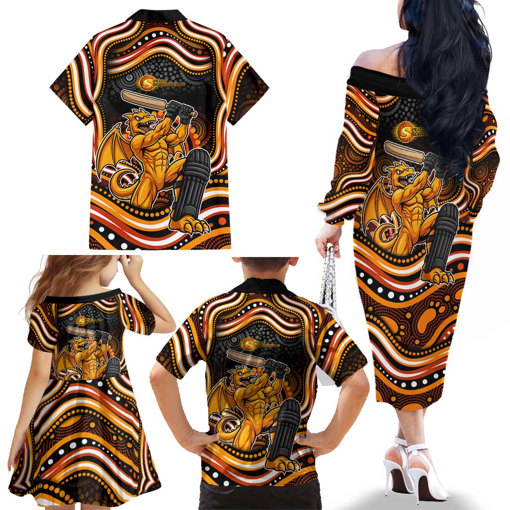 Perth Scorchers Cricket Family Matching Off The Shoulder Long Sleeve Dress and Hawaiian Shirt Australian Cricket Mascot - Modern Indigenous Style