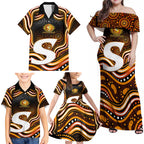 Perth Scorchers Cricket Family Matching Off Shoulder Maxi Dress and Hawaiian Shirt Australian Cricket Mascot - Modern Indigenous Style