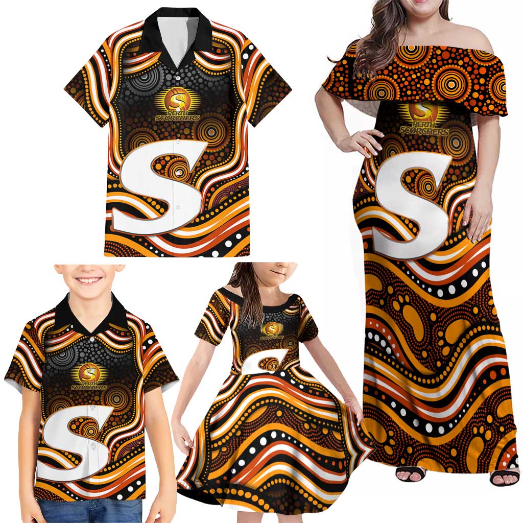 Perth Scorchers Cricket Family Matching Off Shoulder Maxi Dress and Hawaiian Shirt Australian Cricket Mascot - Modern Indigenous Style