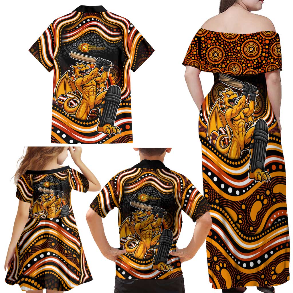 Perth Scorchers Cricket Family Matching Off Shoulder Maxi Dress and Hawaiian Shirt Australian Cricket Mascot - Modern Indigenous Style