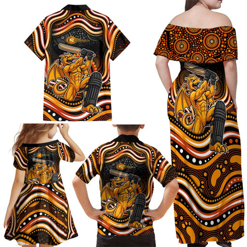 Perth Scorchers Cricket Family Matching Off Shoulder Maxi Dress and Hawaiian Shirt Australian Cricket Mascot - Modern Indigenous Style