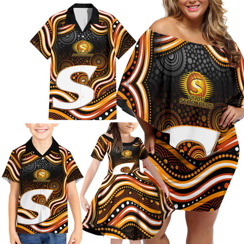 Perth Scorchers Cricket Family Matching Off Shoulder Short Dress and Hawaiian Shirt Australian Cricket Mascot - Modern Indigenous Style
