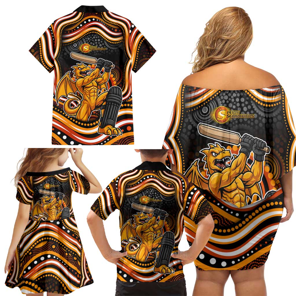 Perth Scorchers Cricket Family Matching Off Shoulder Short Dress and Hawaiian Shirt Australian Cricket Mascot - Modern Indigenous Style