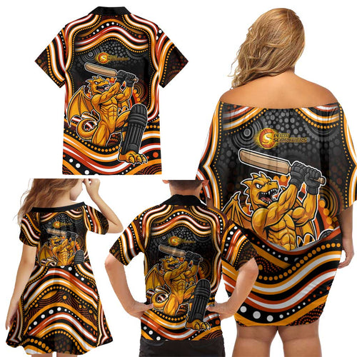 Perth Scorchers Cricket Family Matching Off Shoulder Short Dress and Hawaiian Shirt Australian Cricket Mascot - Modern Indigenous Style