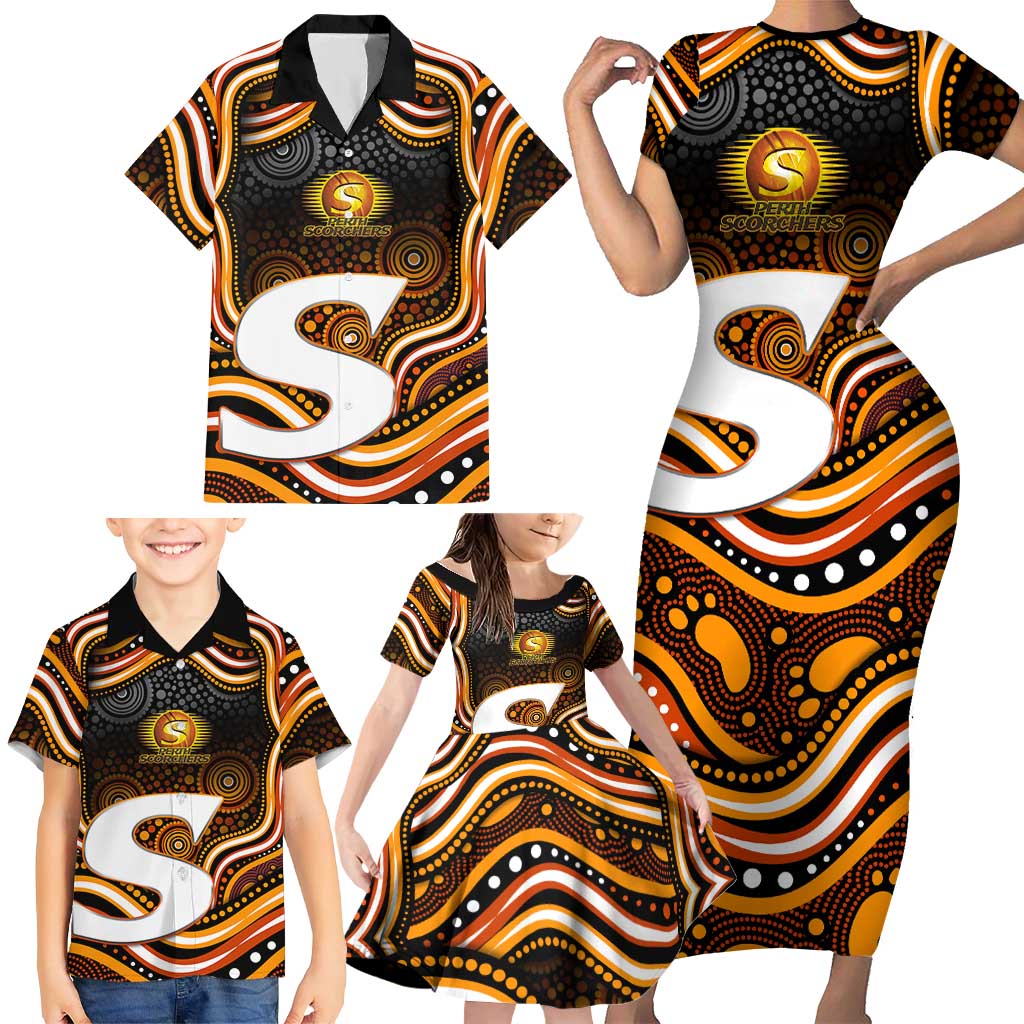 Perth Scorchers Cricket Family Matching Short Sleeve Bodycon Dress and Hawaiian Shirt Australian Cricket Mascot - Modern Indigenous Style