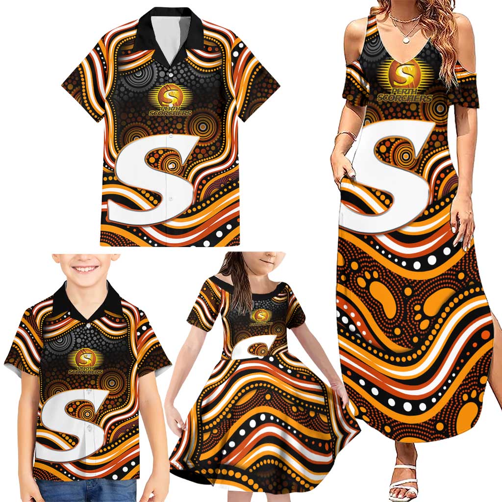 Perth Scorchers Cricket Family Matching Summer Maxi Dress and Hawaiian Shirt Australian Cricket Mascot - Modern Indigenous Style