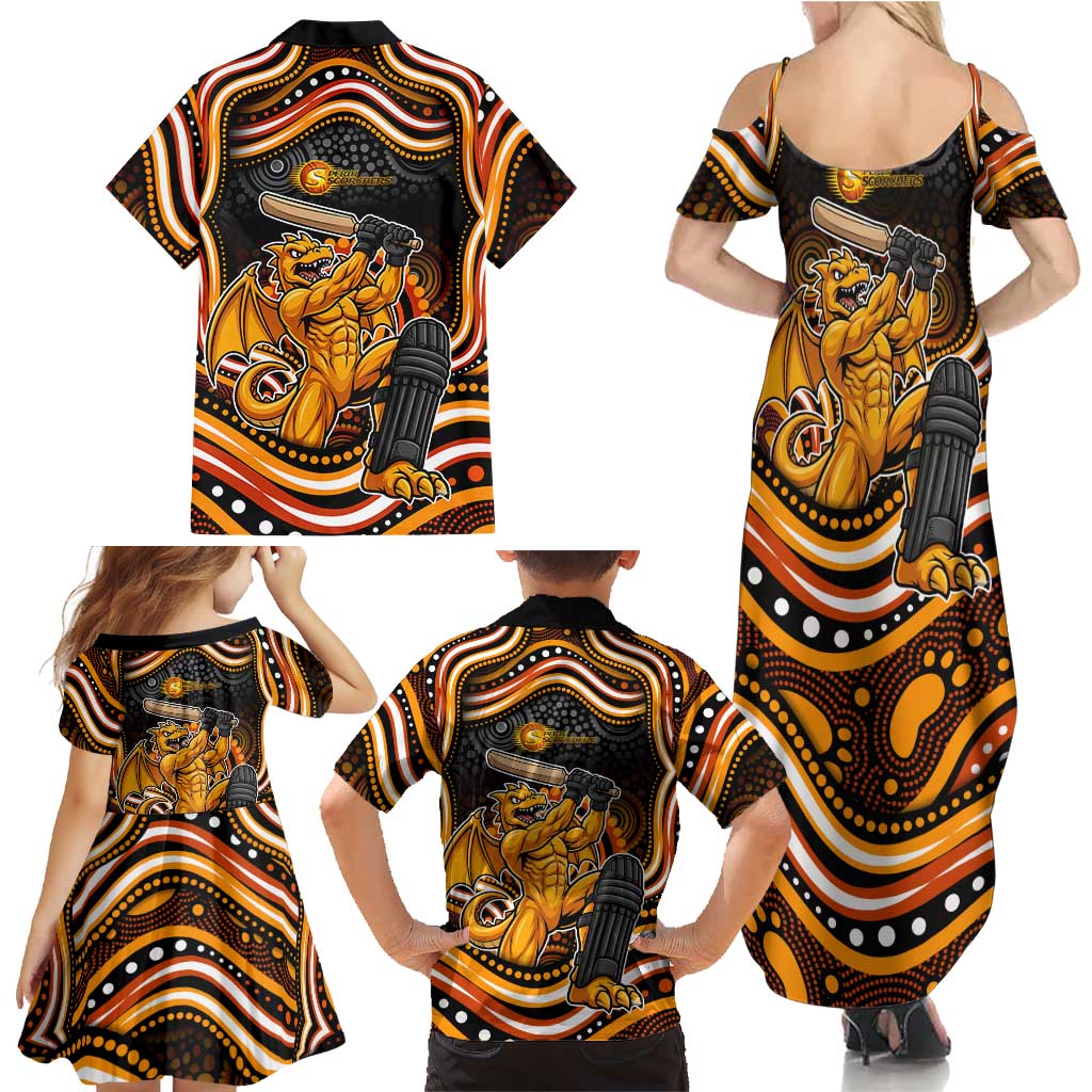 Perth Scorchers Cricket Family Matching Summer Maxi Dress and Hawaiian Shirt Australian Cricket Mascot - Modern Indigenous Style