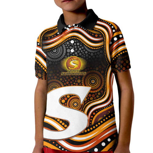 Perth Scorchers Cricket Kid Polo Shirt Australian Cricket Mascot - Modern Indigenous Style