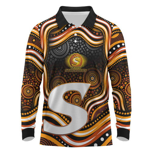 Perth Scorchers Cricket Long Sleeve Polo Shirt Australian Cricket Mascot - Modern Indigenous Style