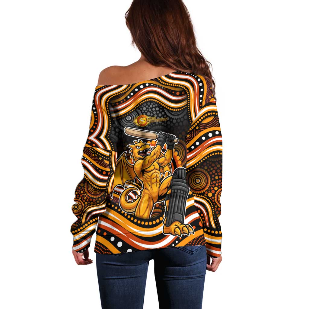 Perth Scorchers Cricket Off Shoulder Sweater Australian Cricket Mascot - Modern Indigenous Style