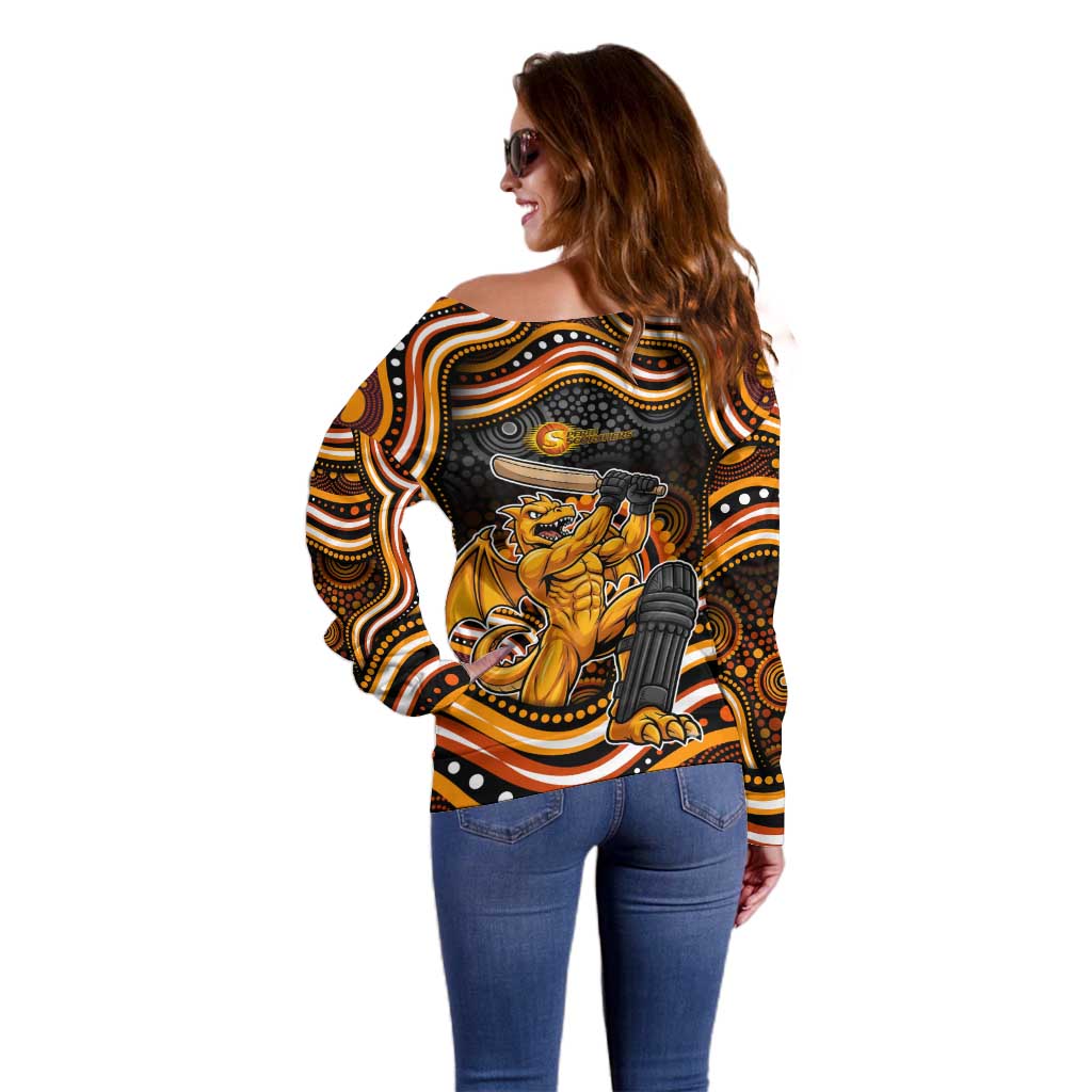 Perth Scorchers Cricket Off Shoulder Sweater Australian Cricket Mascot - Modern Indigenous Style