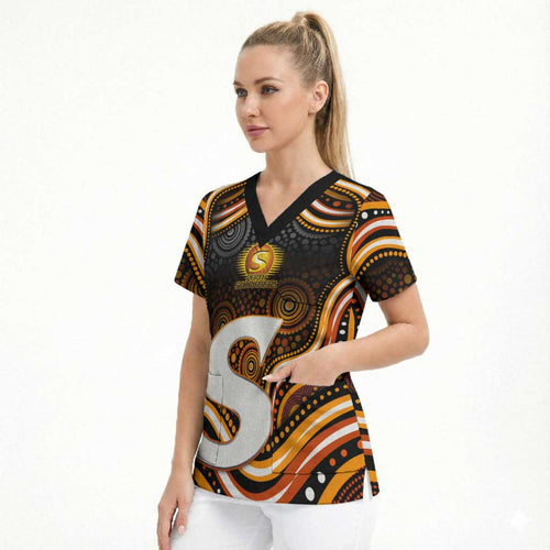 Perth Scorchers Cricket Scrub Top Australian Cricket Mascot - Modern Indigenous Style
