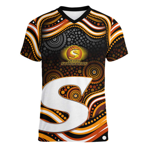 Perth Scorchers Cricket Women V-Neck T-Shirt Australian Cricket Mascot - Modern Indigenous Style