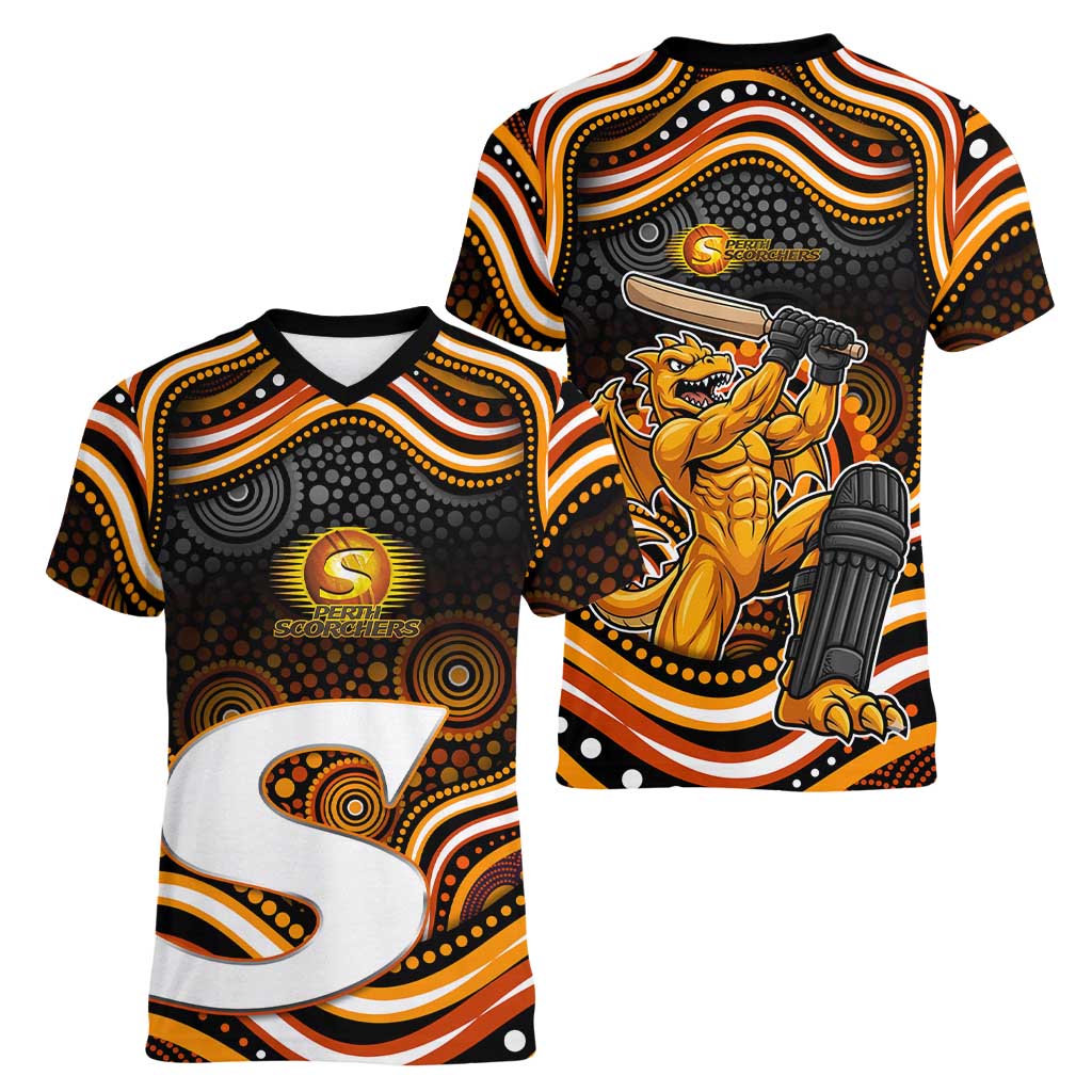 Perth Scorchers Cricket Women V-Neck T-Shirt Australian Cricket Mascot - Modern Indigenous Style