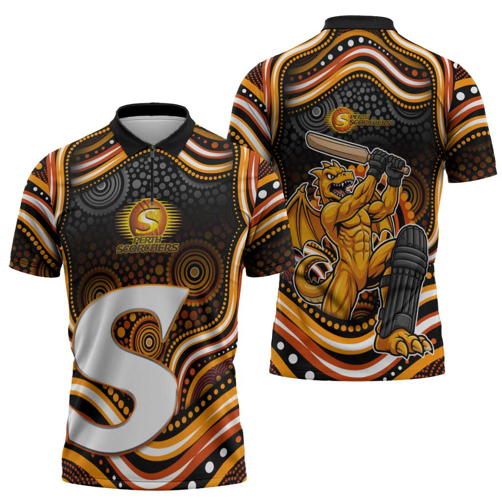 Perth Scorchers Cricket Zipper Polo Shirt Australian Cricket Mascot - Modern Indigenous Style