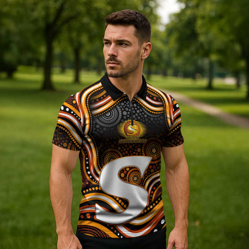 Perth Scorchers Cricket Zipper Polo Shirt Australian Cricket Mascot - Modern Indigenous Style