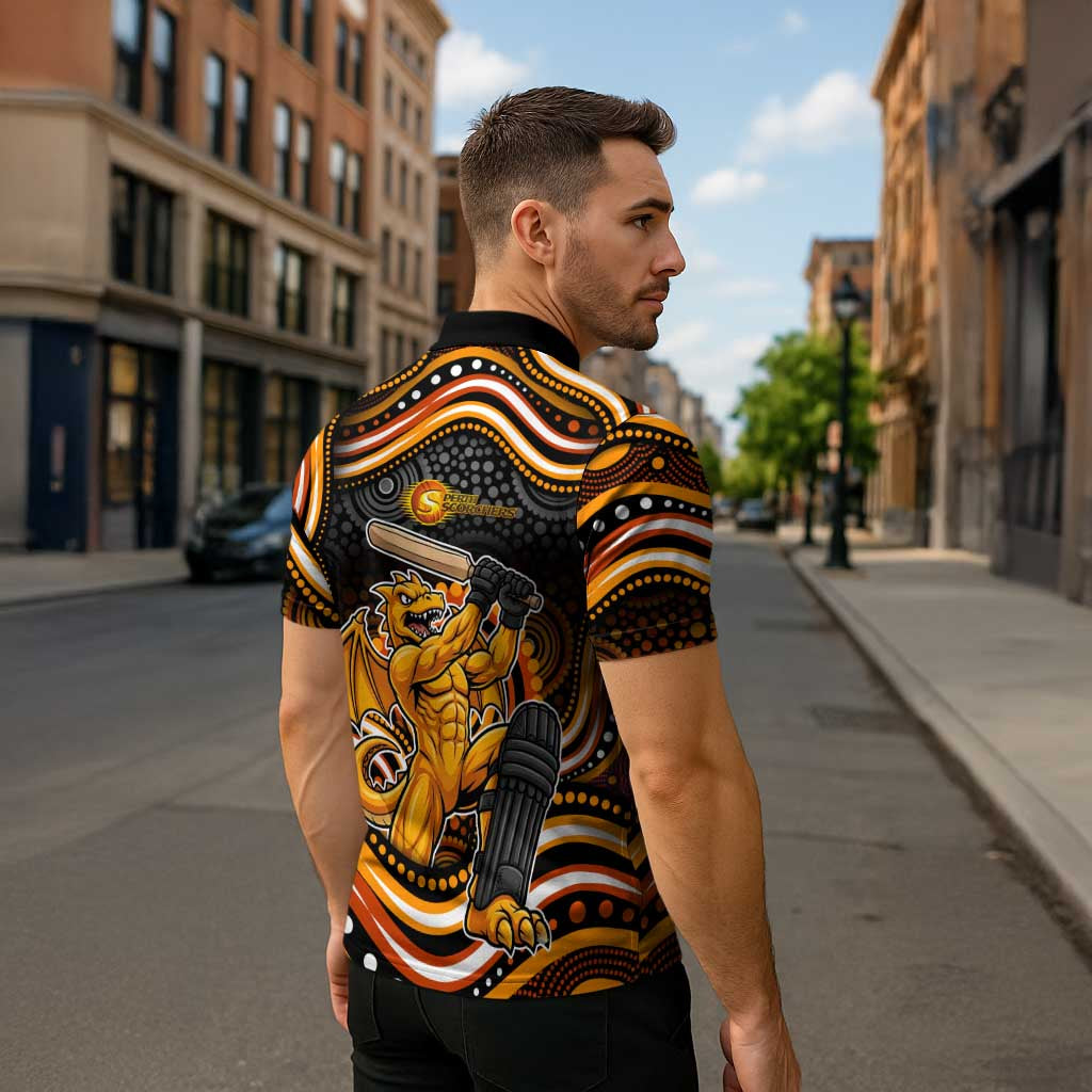 Perth Scorchers Cricket Zipper Polo Shirt Australian Cricket Mascot - Modern Indigenous Style