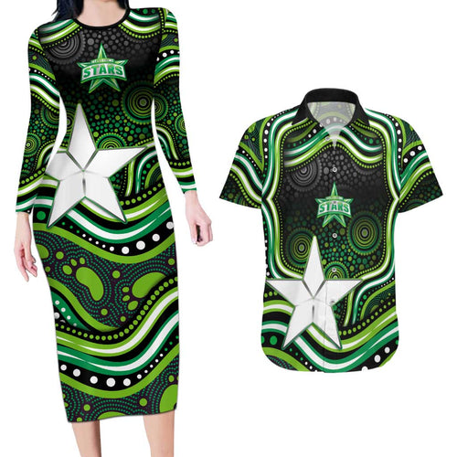 Melbourne Stars Cricket Couples Matching Long Sleeve Bodycon Dress and Hawaiian Shirt Australian Cricket Mascot - Modern Indigenous Style