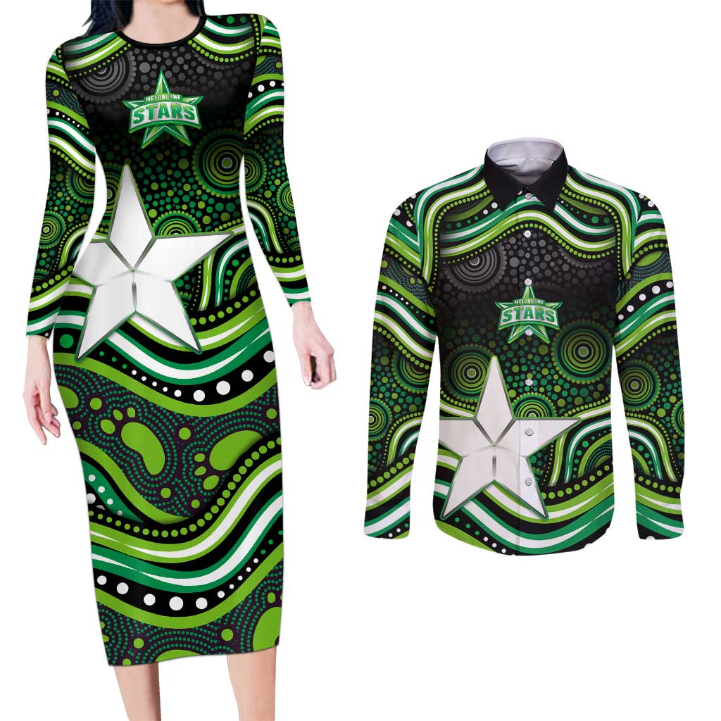 Melbourne Stars Cricket Couples Matching Long Sleeve Bodycon Dress and Long Sleeve Button Shirt Australian Cricket Mascot - Modern Indigenous Style