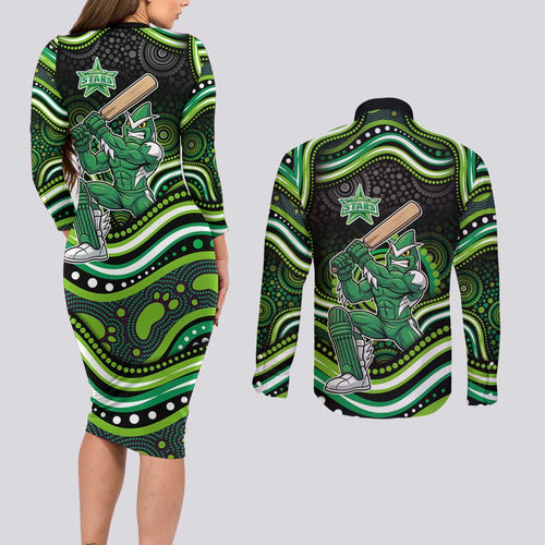 Melbourne Stars Cricket Couples Matching Long Sleeve Bodycon Dress and Long Sleeve Button Shirt Australian Cricket Mascot - Modern Indigenous Style