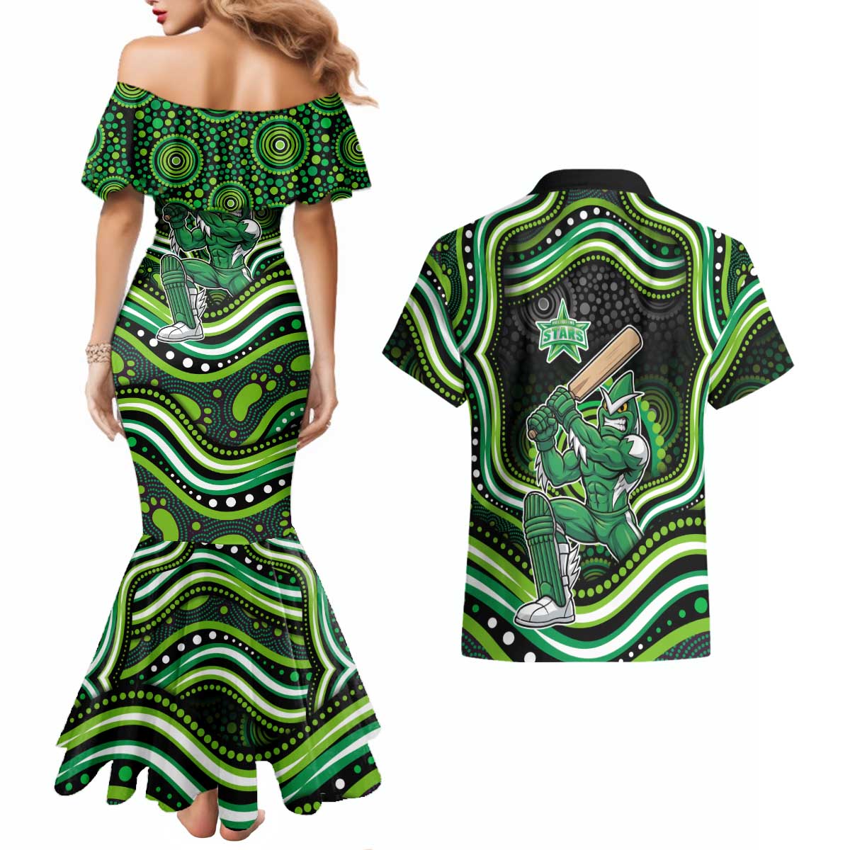 Melbourne Stars Cricket Couples Matching Mermaid Dress and Hawaiian Shirt Australian Cricket Mascot - Modern Indigenous Style