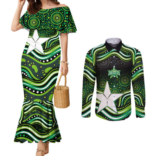 Melbourne Stars Cricket Couples Matching Mermaid Dress and Long Sleeve Button Shirt Australian Cricket Mascot - Modern Indigenous Style