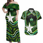 Melbourne Stars Cricket Couples Matching Off Shoulder Maxi Dress and Hawaiian Shirt Australian Cricket Mascot - Modern Indigenous Style