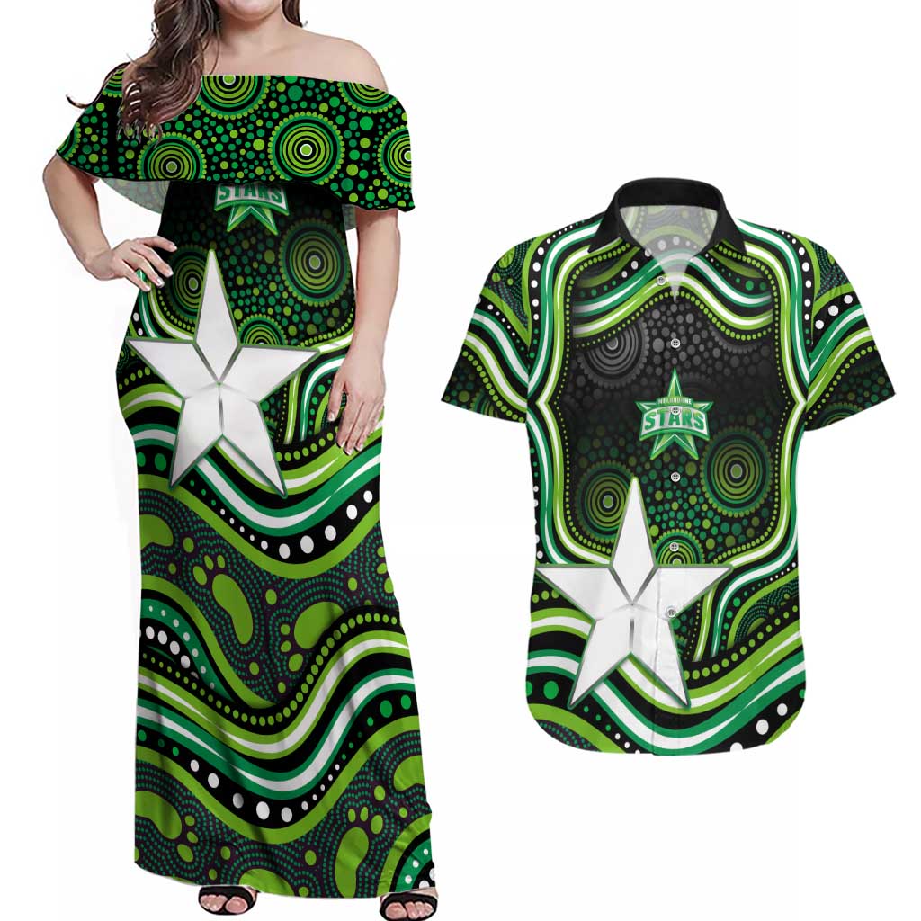 Melbourne Stars Cricket Couples Matching Off Shoulder Maxi Dress and Hawaiian Shirt Australian Cricket Mascot - Modern Indigenous Style