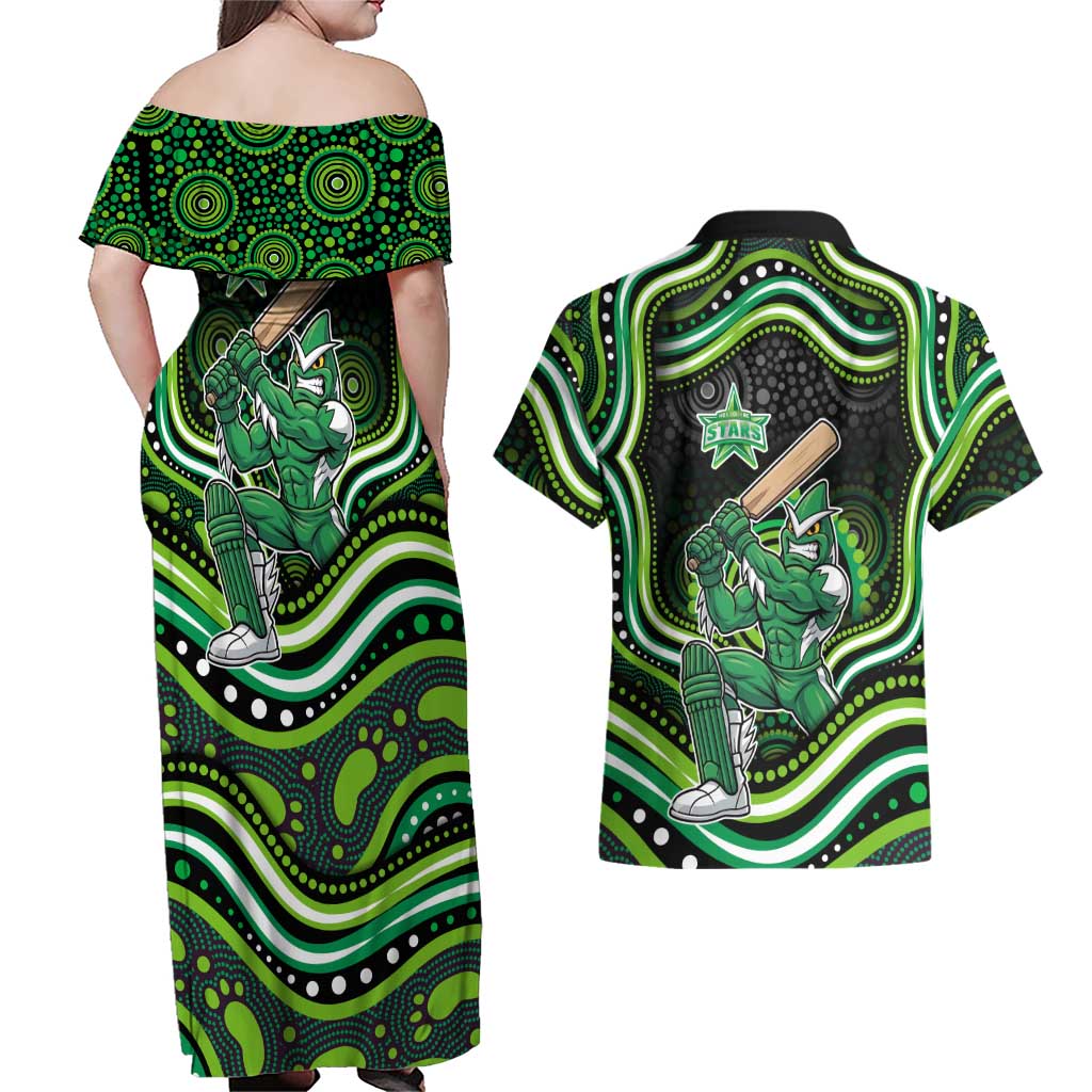 Melbourne Stars Cricket Couples Matching Off Shoulder Maxi Dress and Hawaiian Shirt Australian Cricket Mascot - Modern Indigenous Style
