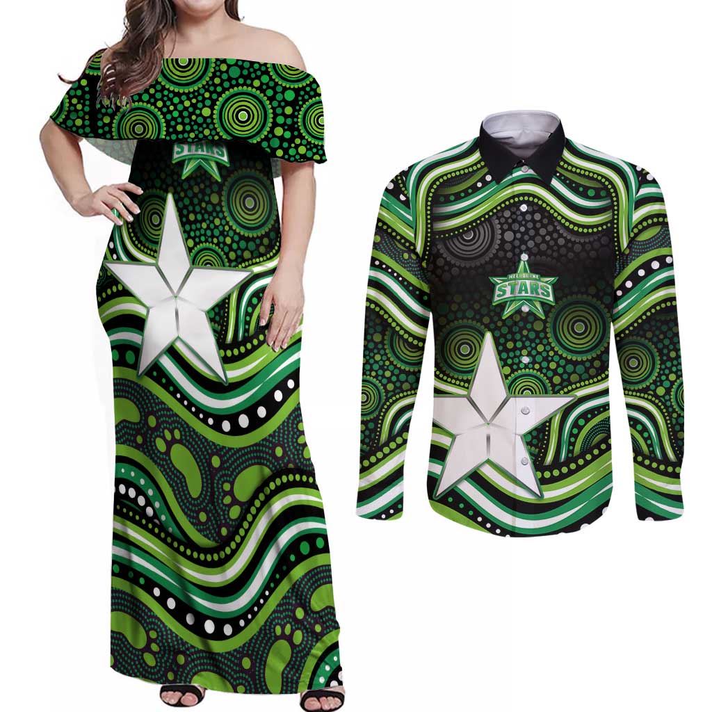 Melbourne Stars Cricket Couples Matching Off Shoulder Maxi Dress and Long Sleeve Button Shirt Australian Cricket Mascot - Modern Indigenous Style
