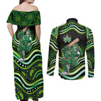 Melbourne Stars Cricket Couples Matching Off Shoulder Maxi Dress and Long Sleeve Button Shirt Australian Cricket Mascot - Modern Indigenous Style