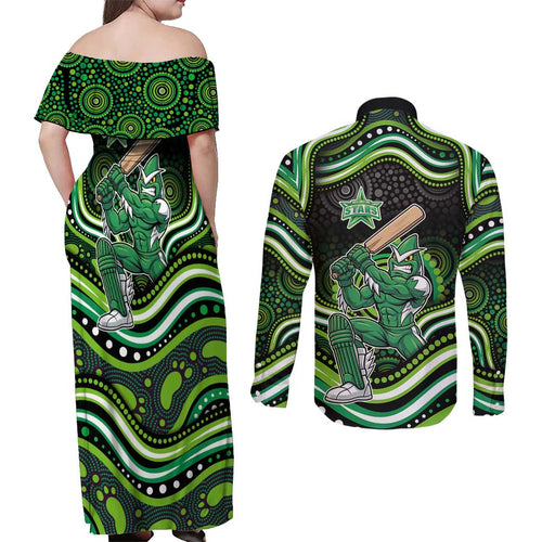 Melbourne Stars Cricket Couples Matching Off Shoulder Maxi Dress and Long Sleeve Button Shirt Australian Cricket Mascot - Modern Indigenous Style