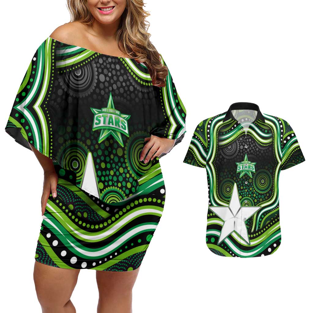 Melbourne Stars Cricket Couples Matching Off Shoulder Short Dress and Hawaiian Shirt Australian Cricket Mascot - Modern Indigenous Style
