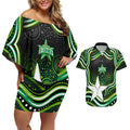 Melbourne Stars Cricket Couples Matching Off Shoulder Short Dress and Hawaiian Shirt Australian Cricket Mascot - Modern Indigenous Style